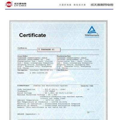 H1Z2Z2 1x2.5mm^2 Temperature Rating -40°C To 90°C Solar Power Cable for Solar Panel Applications